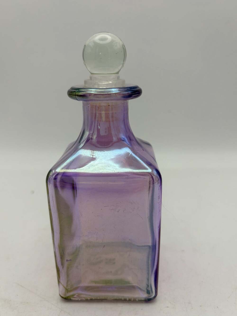Small Glass Bottle/Carafe with Stopper Iridescent Green 5.5"